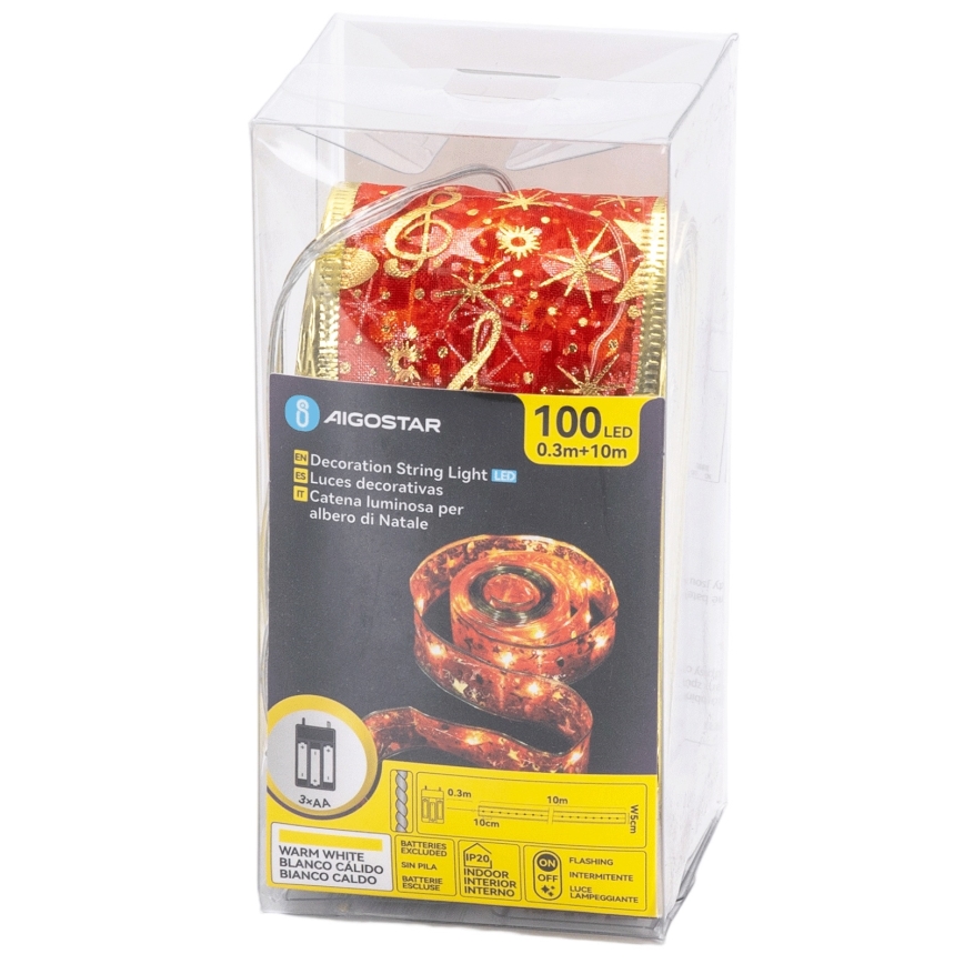Aigostar - LED-Weihnachtslichterkette 100xLED/3xAA 10 m warmweiß/rot