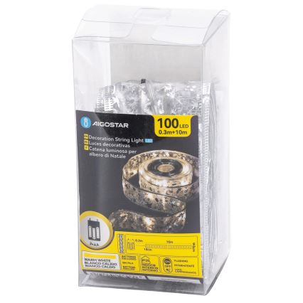 Aigostar - LED-Lichterkette 100xLED/3xAA 10 m warmweiß silberfarben