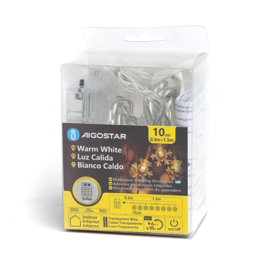 Aigostar - LED Weihnachtslichterkette 10xLED/3xAA, 1,5 m, warmweiß, Schneeflocken