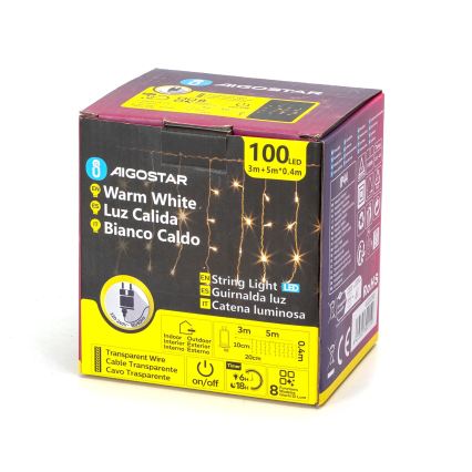 Aigostar - LED-Weihnachtslichterkette für den Außenbereich, 100 LEDs / 8 Funktionen, 8 × 0,4 m, IP44, warmweiß