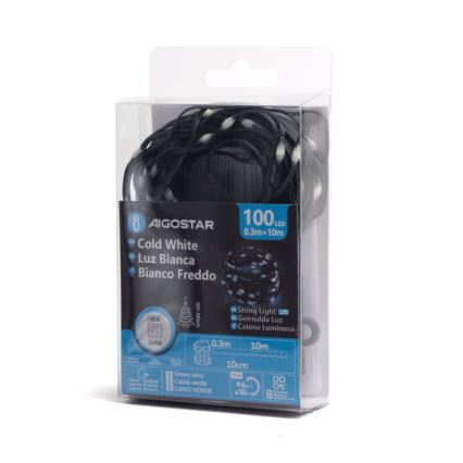 Aigostar - LED-Weihnachtslichterkette für den Außenbereich 100xLED/8 Funktionen/3xAA 10,3m IP44 kaltweiß