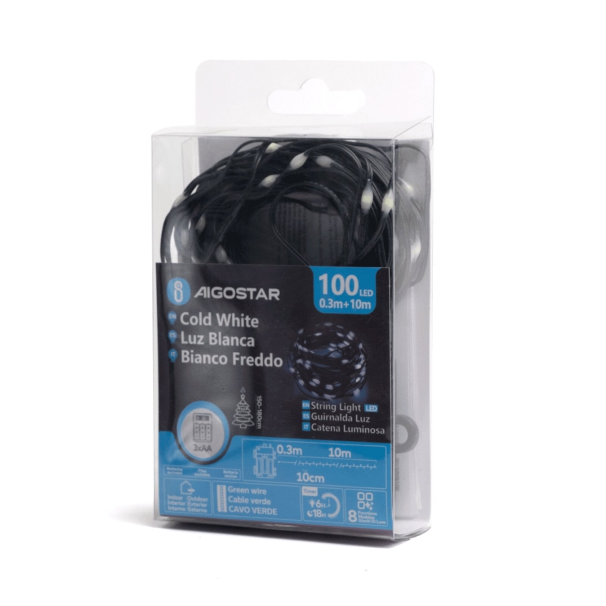 Aigostar - LED-Weihnachtslichterkette für den Außenbereich 100xLED/8 Funktionen/3xAA 10,3m IP44 kaltweiß