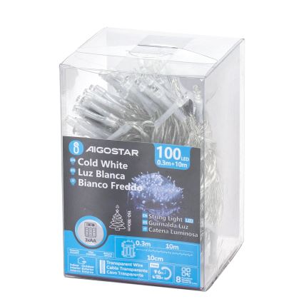 Aigostar - LED-Weihnachtslichterkette für den Außenbereich 100xLED/8 Funktionen/3xAA 10,3m IP44 kaltweiß