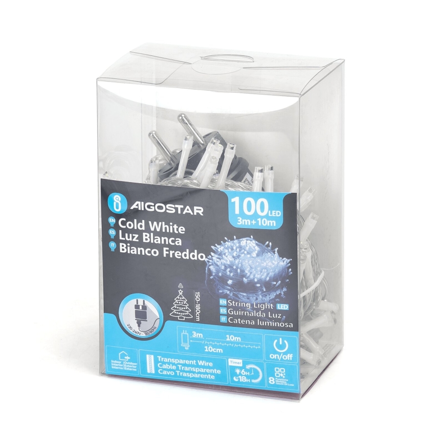 Aigostar - LED-Weihnachtslichterkette für den Außenbereich 100xLED/8 Funktionen 13m IP44 kaltweiß