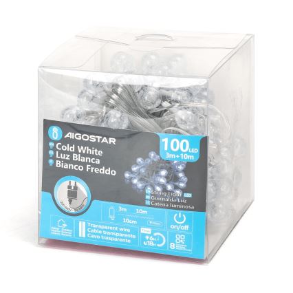 Aigostar - LED-Weihnachtslichterkette für den Außenbereich 100xLED/8 Funktionen 13m IP44 kaltweiß
