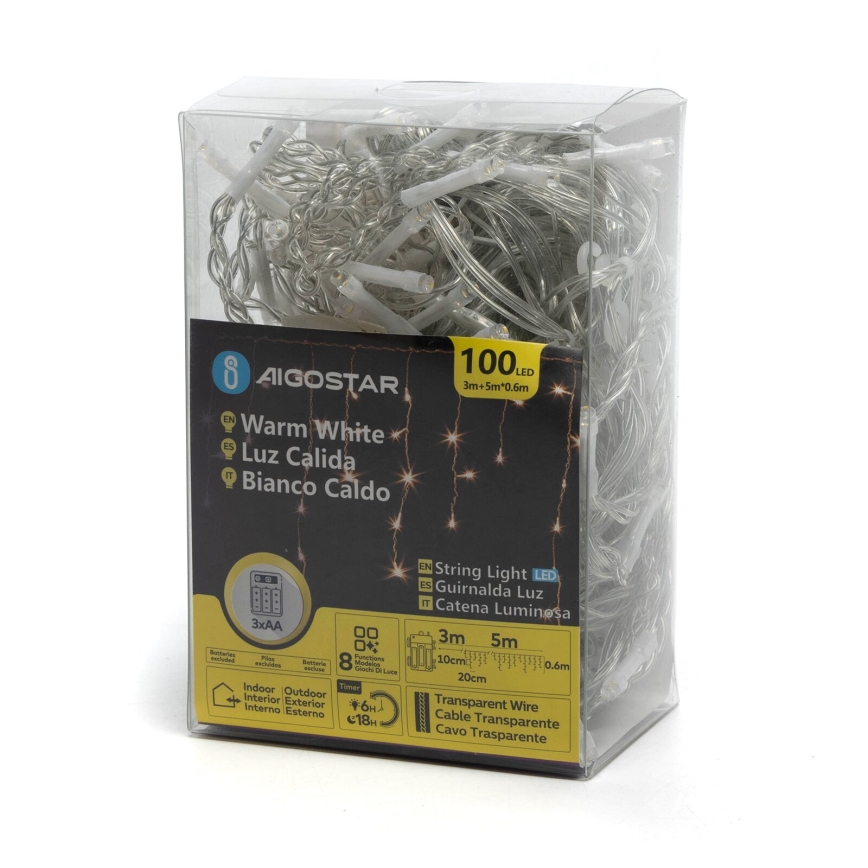 Aigostar - LED-Außen-Weihnachtslichterkette, 100xLED / 8 Funktionen, 3xAA, 8x0,6 m, IP44, warmweiß