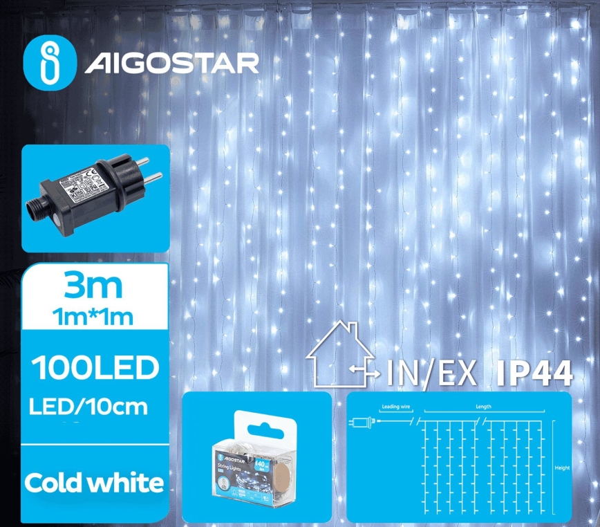 Aigostar - LED-Weihnachtslichterkette für den Außenbereich 100xLED/8 Funktionen 4x1m IP44 kaltweiß