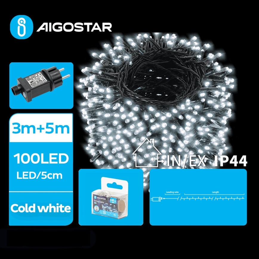 Aigostar - LED-Weihnachtslichterkette für den Außenbereich 100xLED/8 Funktionen 8m IP44 kaltweiß