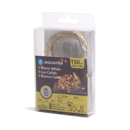 Aigostar - LED-Weihnachtslichterkette für den Außenbereich 150xLED/8 Funktionen 3xAA 15,3m IP44 warmweiβ