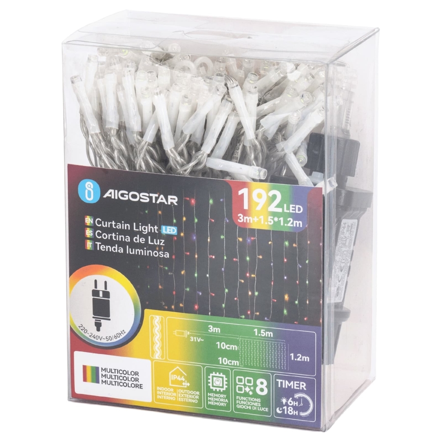 Aigostar - LED-Weihnachtslichterkette für den Außenbereich 192xLED/8 Funktionen 4,5x1,2m IP44 mehrfarbig