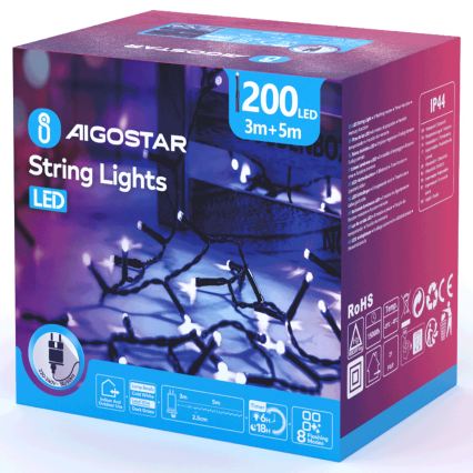 Aigostar - LED-Weihnachtslichterkette für den Außenbereich, 200 LEDs / 8 Funktionen, 8 m, IP44, kaltweiß