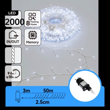 Aigostar - LED Weihnachtslichterkette für den Außenbereich 2000xLED/8 Funktionen 53m IP44 kaltweiß