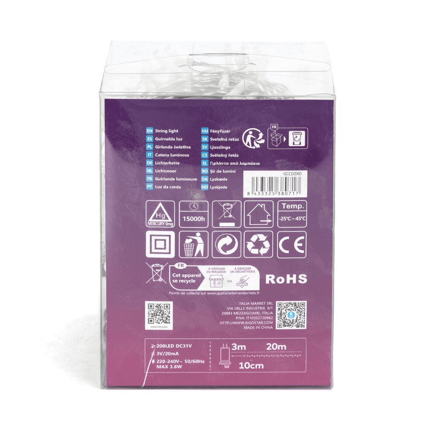 Aigostar - LED-Weihnachtslichterkette für den Außenbereich 200xLED/8 Funktionen 23m IP44 kaltweiß