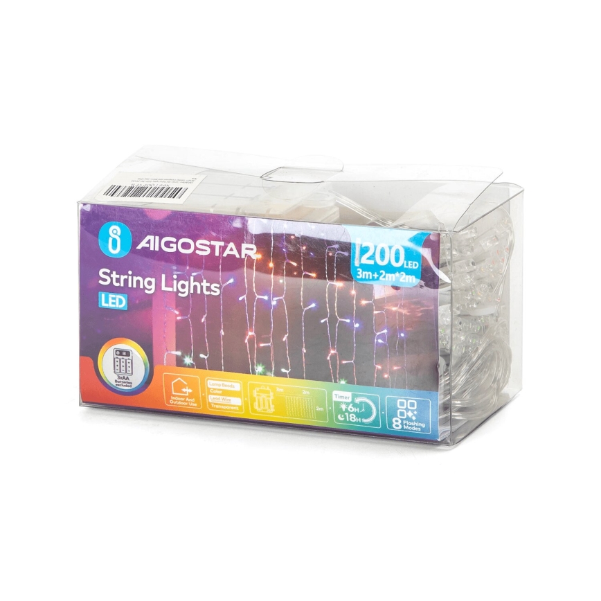 Aigostar - LED-Weihnachtslichterkette für den Außenbereich 200xLED/8 Funktionen 3xAA 5x2m IP44 mehrfarbig