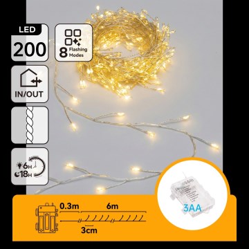 Aigostar - LED-Weihnachtslichterkette für den Außenbereich 200xLED/8 Funktionen 3xAA 6,3m IP44 warmweiß