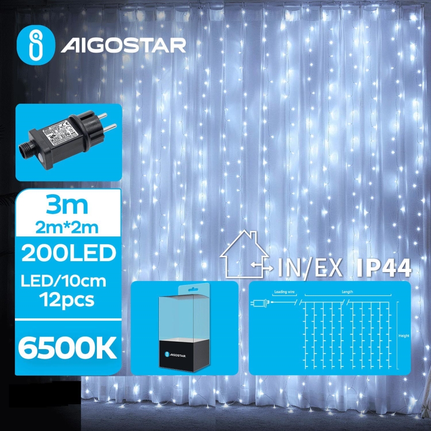 Aigostar - LED-Weihnachtslichterkette für den Außenbereich 200xLED/8 Funktionen 5x2m IP44 kaltweiß