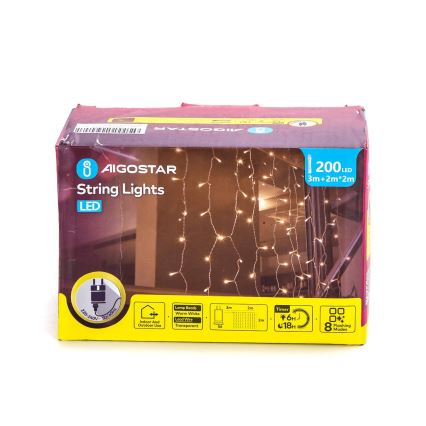 Aigostar - LED-Weihnachtslichterkette für den Außenbereich 200xLED/8 Funktionen 5x2m IP44 warmweiβ