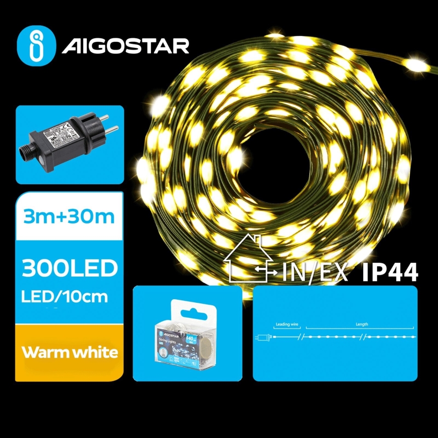 Aigostar - LED-Weihnachtslichterkette für den Außenbereich 300xLED/8 Funktionen 33m IP44 warmweiβ