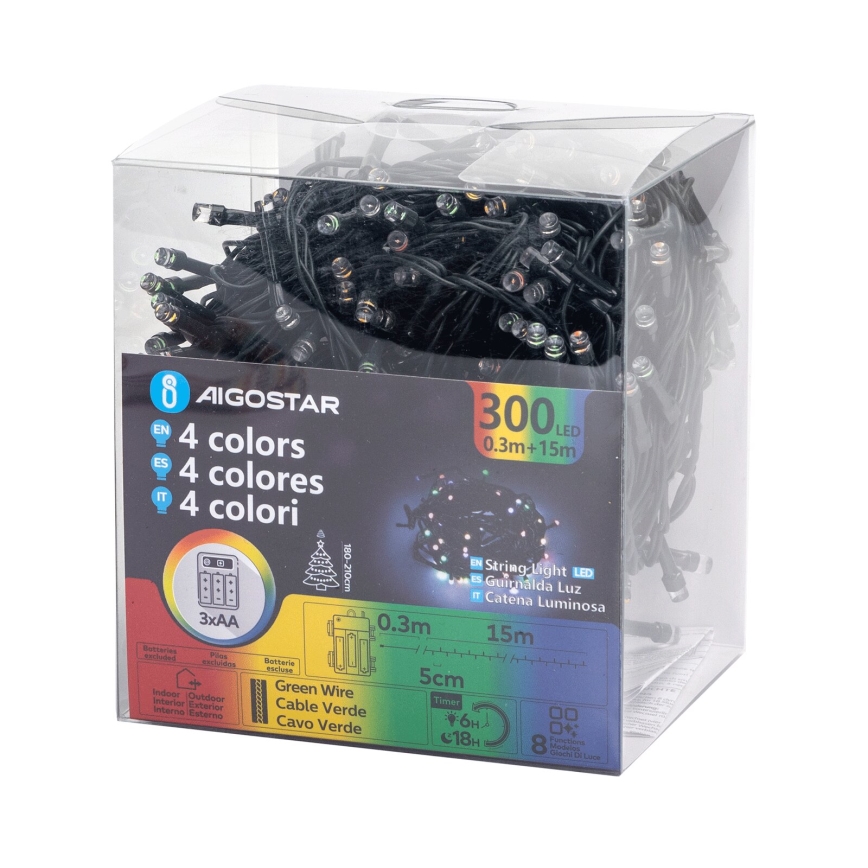Aigostar - LED-Weihnachtslichterkette für den Außenbereich 300xLED/8 Funktionen 3xAA 15,3m IP44 mehrfarbig