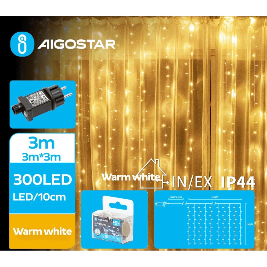 Aigostar - LED-Weihnachtslichterkette für den Außenbereich 300xLED/8 Funktionen 6x3m IP44 warmweiβ