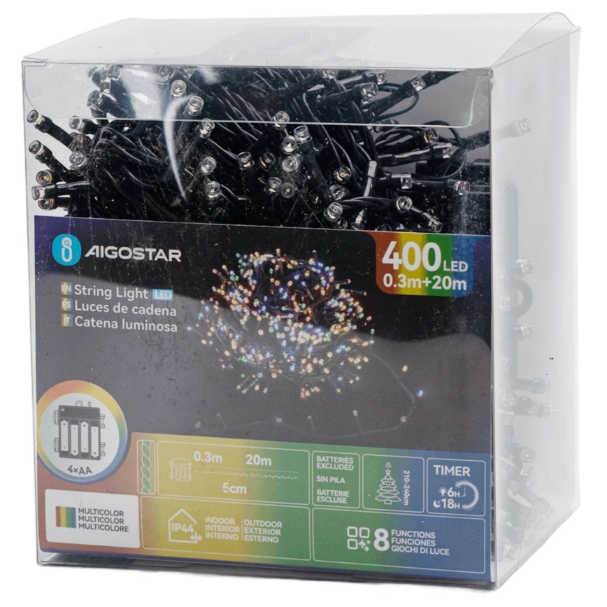 Aigostar - LED-Außen-Weihnachtslichterkette 400xLED/8 Funktionen 4xAA 20,3 m IP44 mehrfarbig