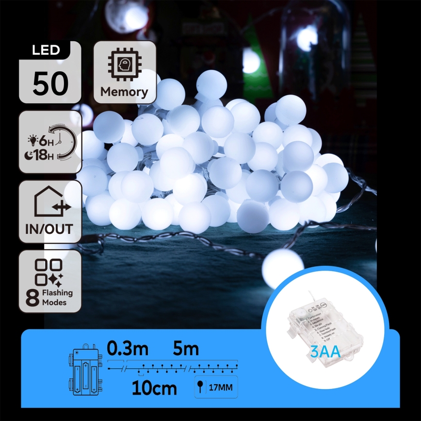 Aigostar - LED-Weihnachtslichterkette für den Außenbereich 50xLED/3xAA/8 Funktionen 5,3 m IP44 kaltweiß