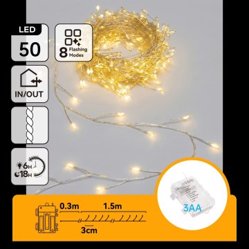 Aigostar - LED Weihnachtslichterkette für den Außenbereich 50xLED/8 Funktionen 3xAA 1,8m IP44 warmweiß