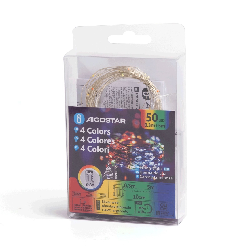 Aigostar - LED-Weihnachtslichterkette für den Außenbereich 50xLED/8 Funktionen 3xAA 5,3m IP44 mehrfarbig