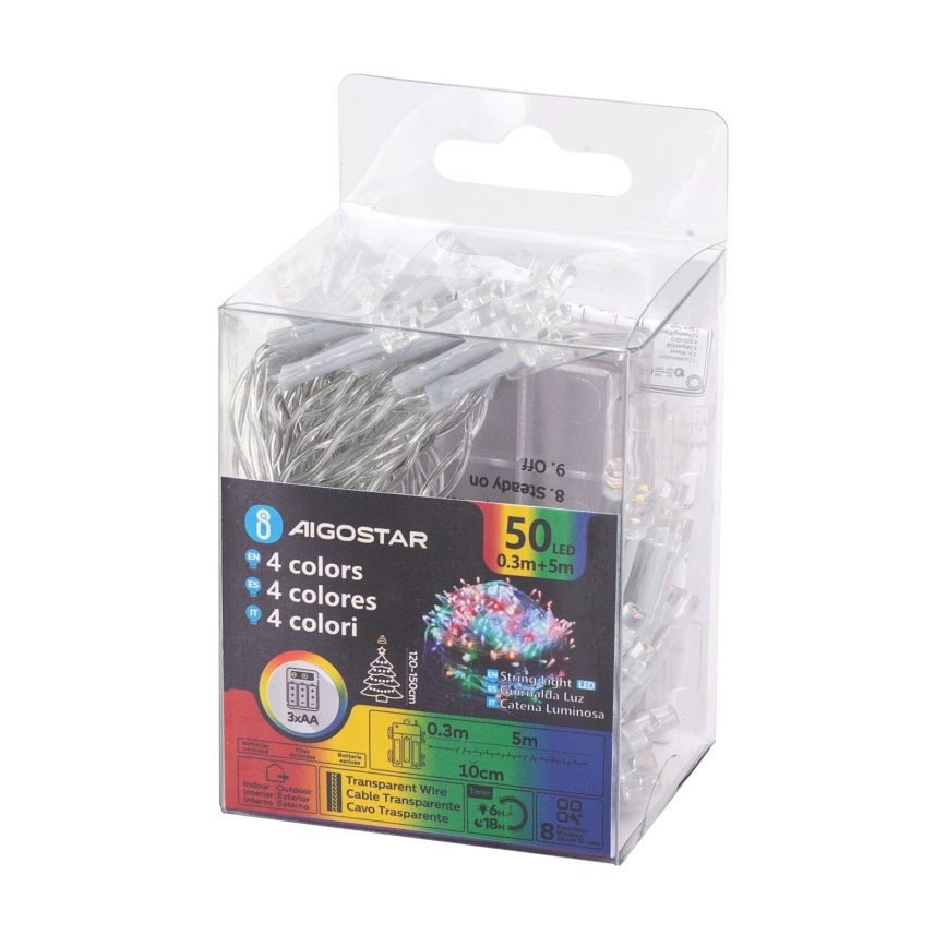 Aigostar - LED-Weihnachtslichterkette für den Außenbereich 50xLED/8 Funktionen 3xAA 5,3m IP44 mehrfarbig