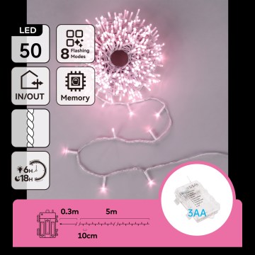 Aigostar - LED-Weihnachtslichterkette für den Außenbereich 50xLED/8 Funktionen 3xAA 5,3m IP44 rosa