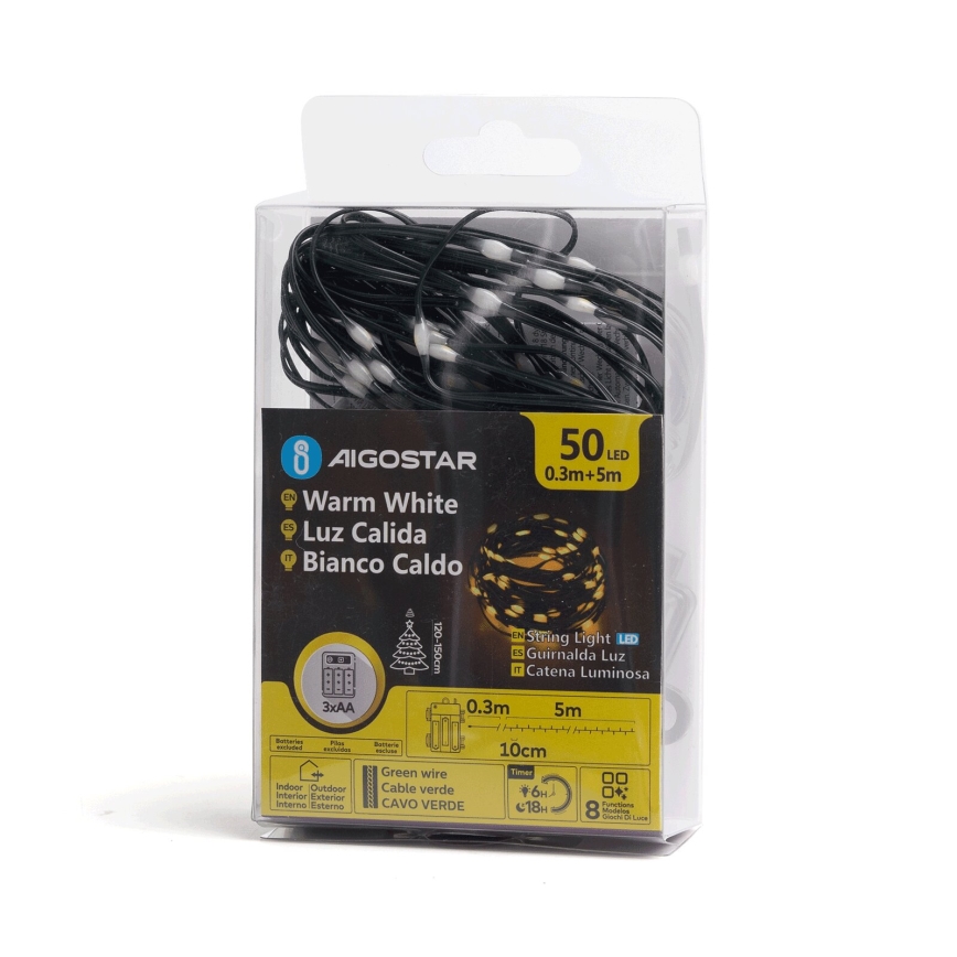 Aigostar - LED-Weihnachtslichterkette für den Außenbereich 50xLED/8 Funktionen 3xAA 5,3m IP44 warmweiβ