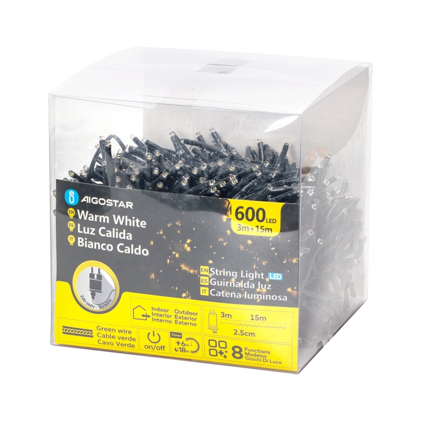Aigostar - LED-Weihnachtslichterkette für den Außenbereich 600xLED/8 Funktionen 18m IP44 warmweiβ