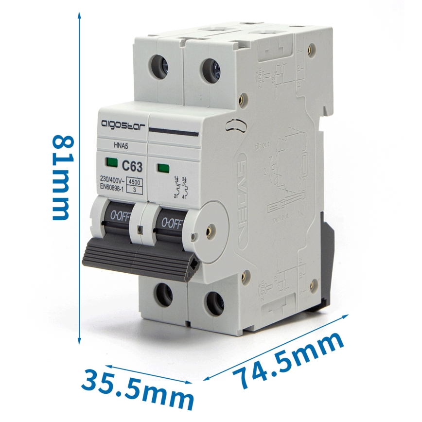 Aigostar - Leitungsschutzschalter 2-polig (2P) 63 A, Charakteristik C, 230–400 V