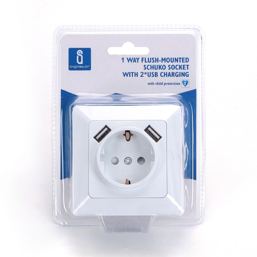 Aigostar - SCHUKO-Steckdose 250 V + 2x USB mit Rahmen, weiß