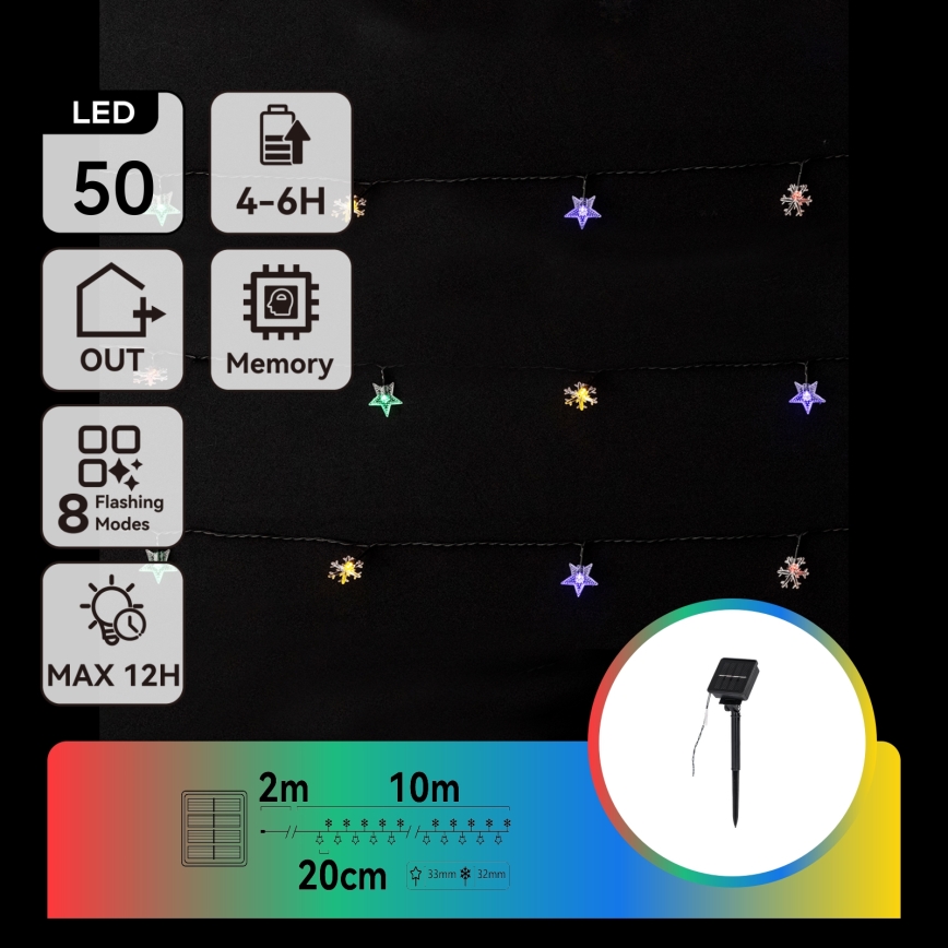 Aigostar - Solar-LED-Lichterkette 50 LEDs/8 Funktionen 800 mAh 12 m IP65 mehrfarbig