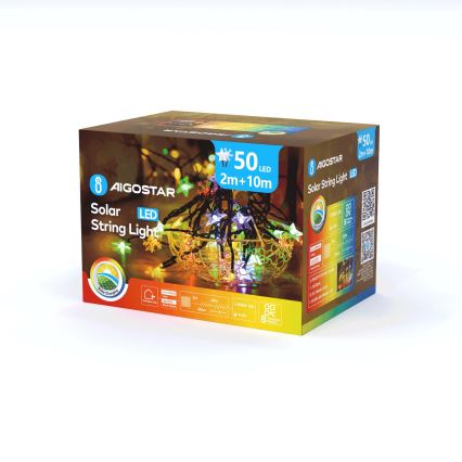 Aigostar - Solar-LED-Lichterkette 50 LEDs/8 Funktionen 800 mAh 12 m IP65 mehrfarbig