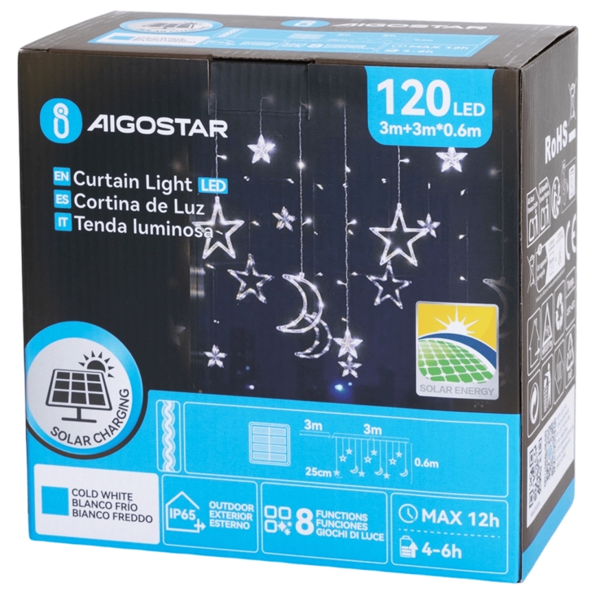 Aigostar - LED Solar-Weihnachts-Lichterkette 120xLED/8 Funktionen 3x0,6m 500 mAh IP65 kaltweiß