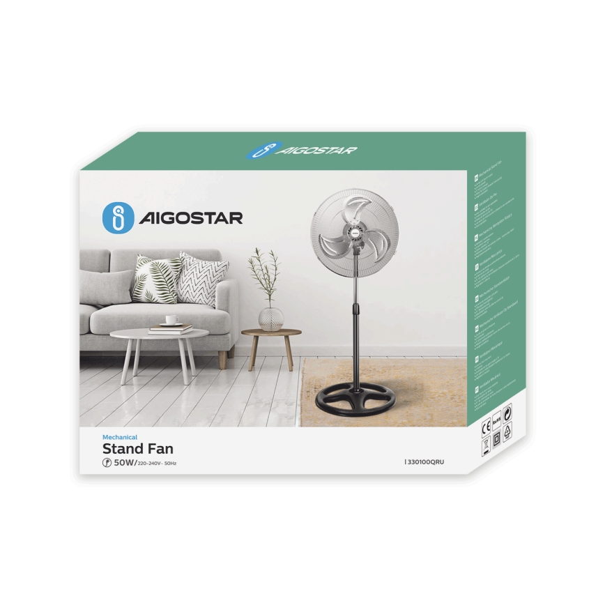 Aigostar - Standventilator 55W/230V glänzendes Chrom/schwarz