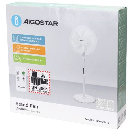 Aigostar - Standventilator 60 W / 230 V Ø 42 cm weiß + Fernbedienung