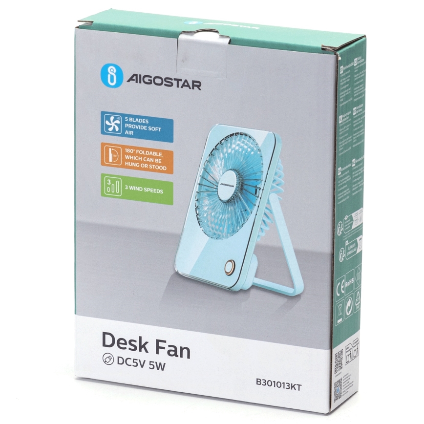 Aigostar - Tisch aufladbar Ventilator 5W/5V 3600mAh USB blau