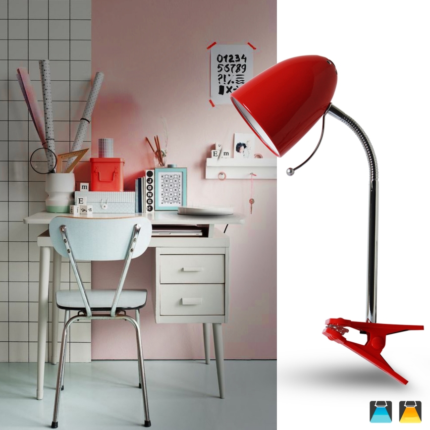 Aigostar - Tischlampe mit Clip 1xE27/11W/230V rot/glänzender Chrom