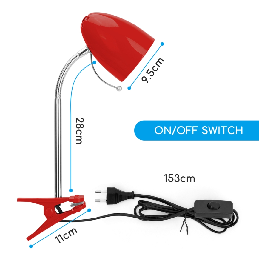 Aigostar - Tischlampe mit Clip 1xE27/11W/230V rot/glänzender Chrom