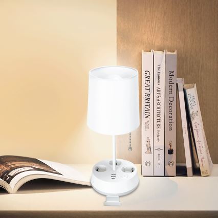 Aigostar - Tischlampe mit Steckdosen und USB-Anschlüssen 1xE27/60W/230V weiß
