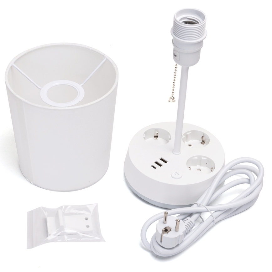 Aigostar - Tischlampe mit Steckdosen und USB-Anschlüssen 1xE27/60W/230V weiß