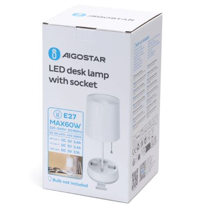 Aigostar - Tischlampe mit Steckdosen und USB-Anschlüssen 1xE27/60W/230V weiß