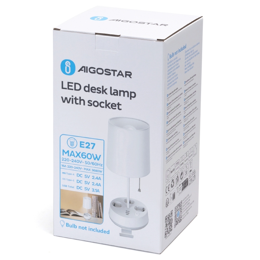 Aigostar - Tischlampe mit Steckdosen und USB-Anschlüssen 1xE27/60W/230V weiß