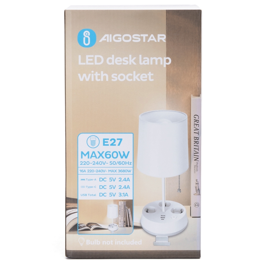 Aigostar - Tischlampe mit Steckdosen und USB-Anschlüssen 1xE27/60W/230V weiß