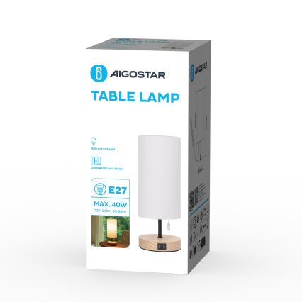 Aigostar - Tischleuchte mit USB-Anschluss 1xE27/40W/230V beige