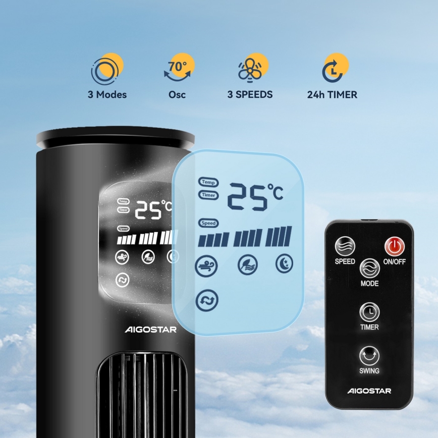 Aigostar - Turm-Ventilator 50W/230V schwarz Wi-Fi + Fernbedienung