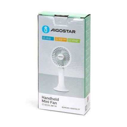 Aigostar - Tragbarer Ladeventilator 3W/5V 1500mAh USB Weiß